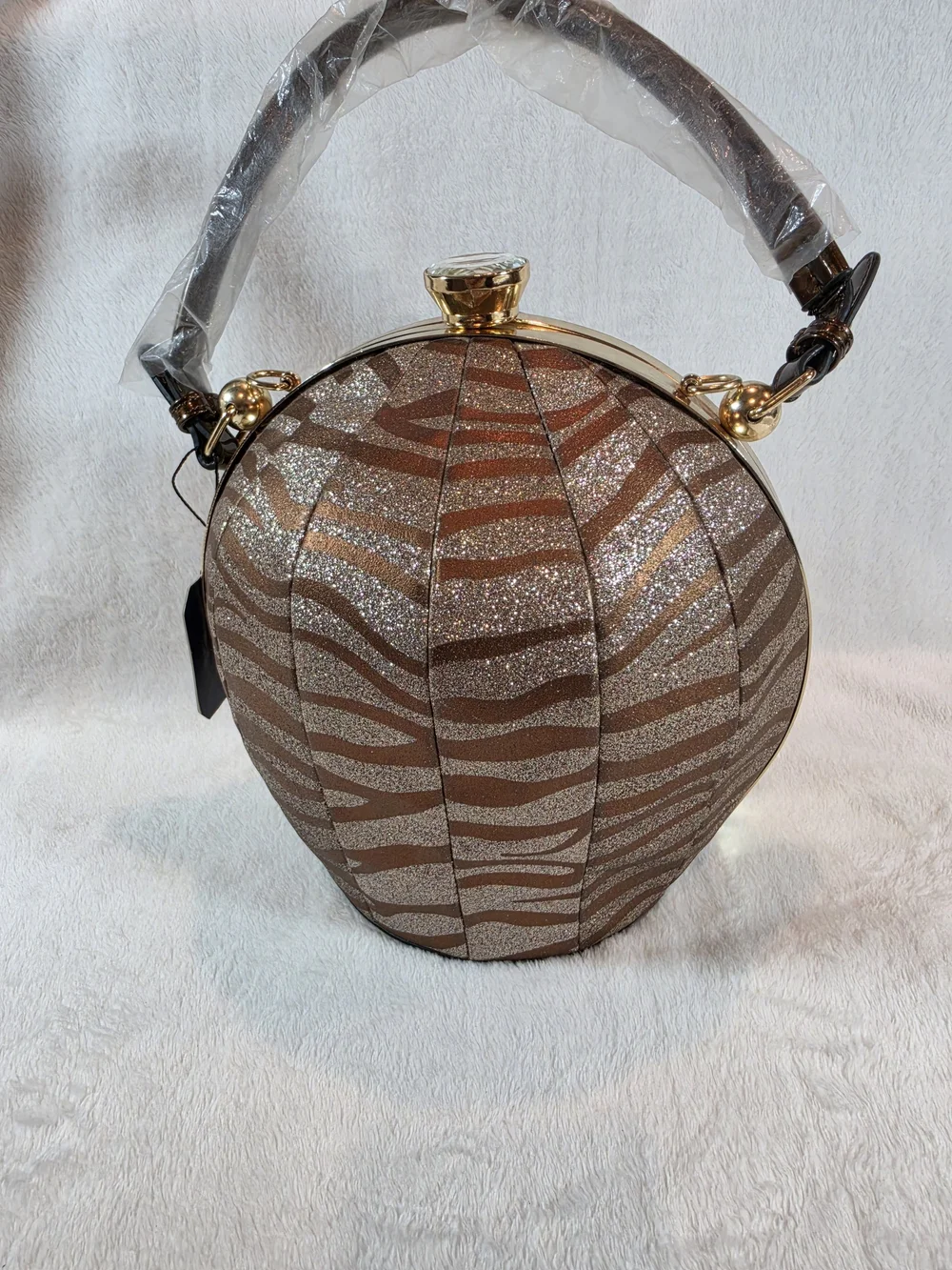 Blue Heaven Womens Zebra Glitter Round Evening Handbag Purse NWT Gold Tone
